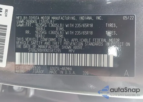 2022 Toyota Highlander Xle из США, поврежденный, VIN 5TDGZRBHXNS581295